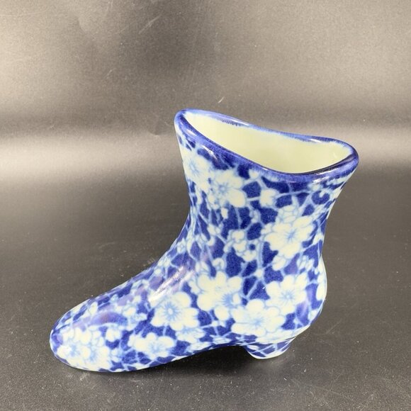 Vintage Victorian Era Inspired Ceramic Boot Shoe Planter Small Vase Floral Blue - Picture 13 of 13